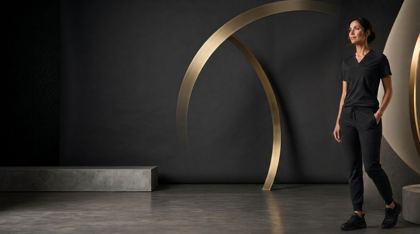 HALO model in a black V-neck scrub top and drawstring jogger scrub pants, standing in a minimalist studio with a brass sculpture
