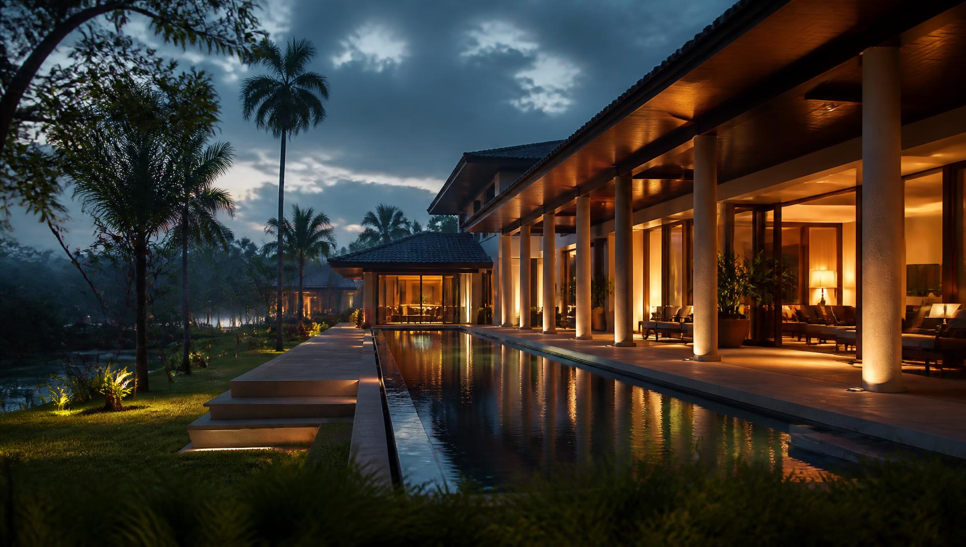 Luxury senior living pavilions at dusk with reflecting pool and lit colonnade