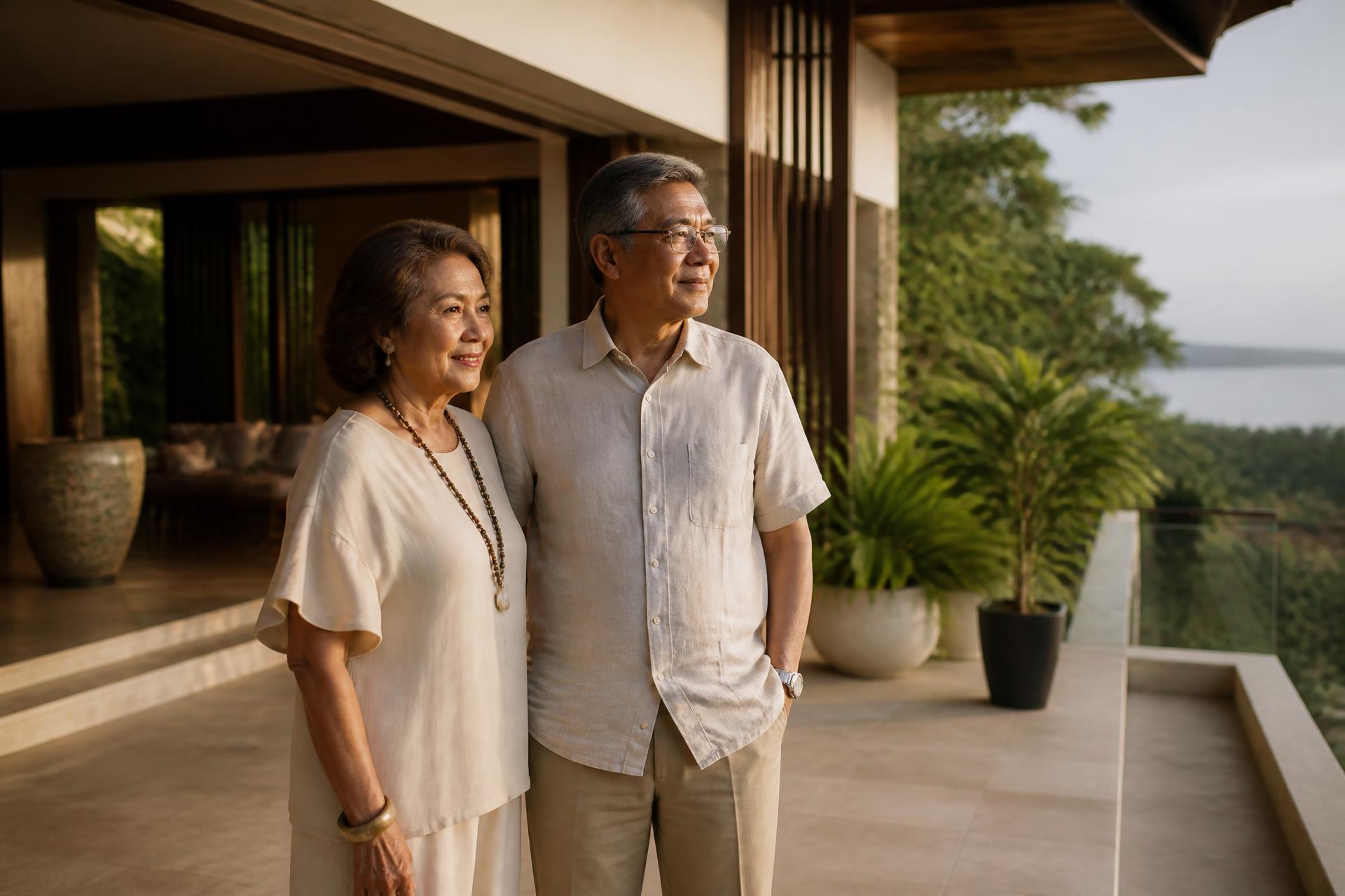An older Filipino couple looking out from the terrace of a refined tropical residence at golden hour