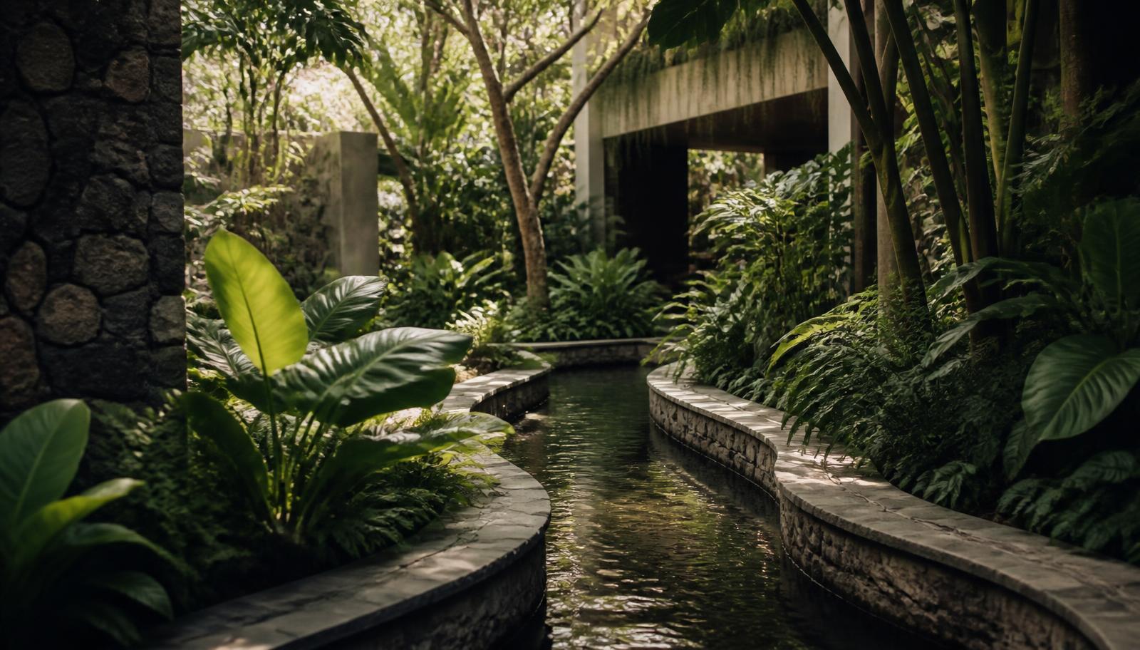 Lush tropical landscape with a stone water channel and dappled light