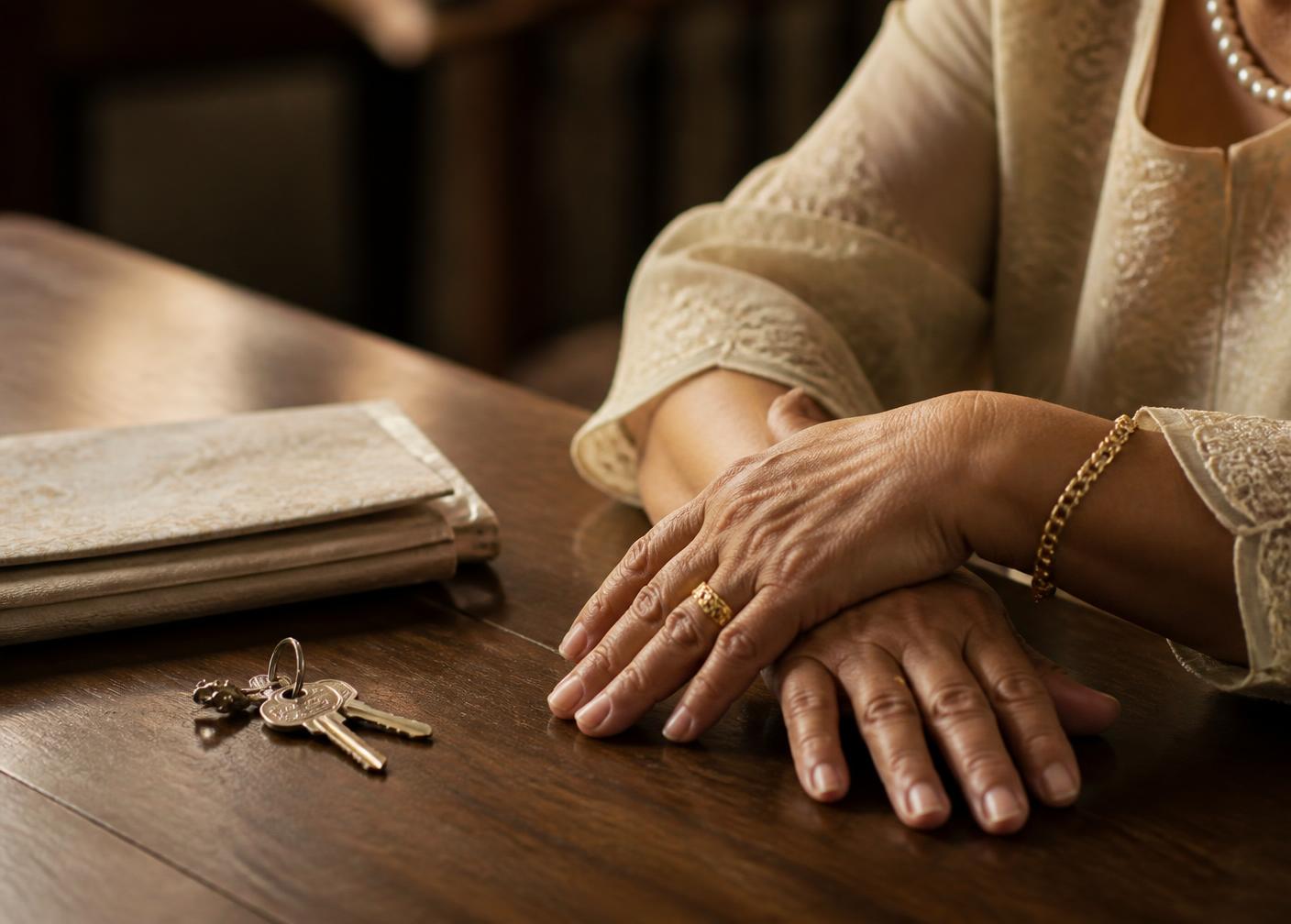 An older woman's hands resting beside house keys and a folded document on a heritage wooden table